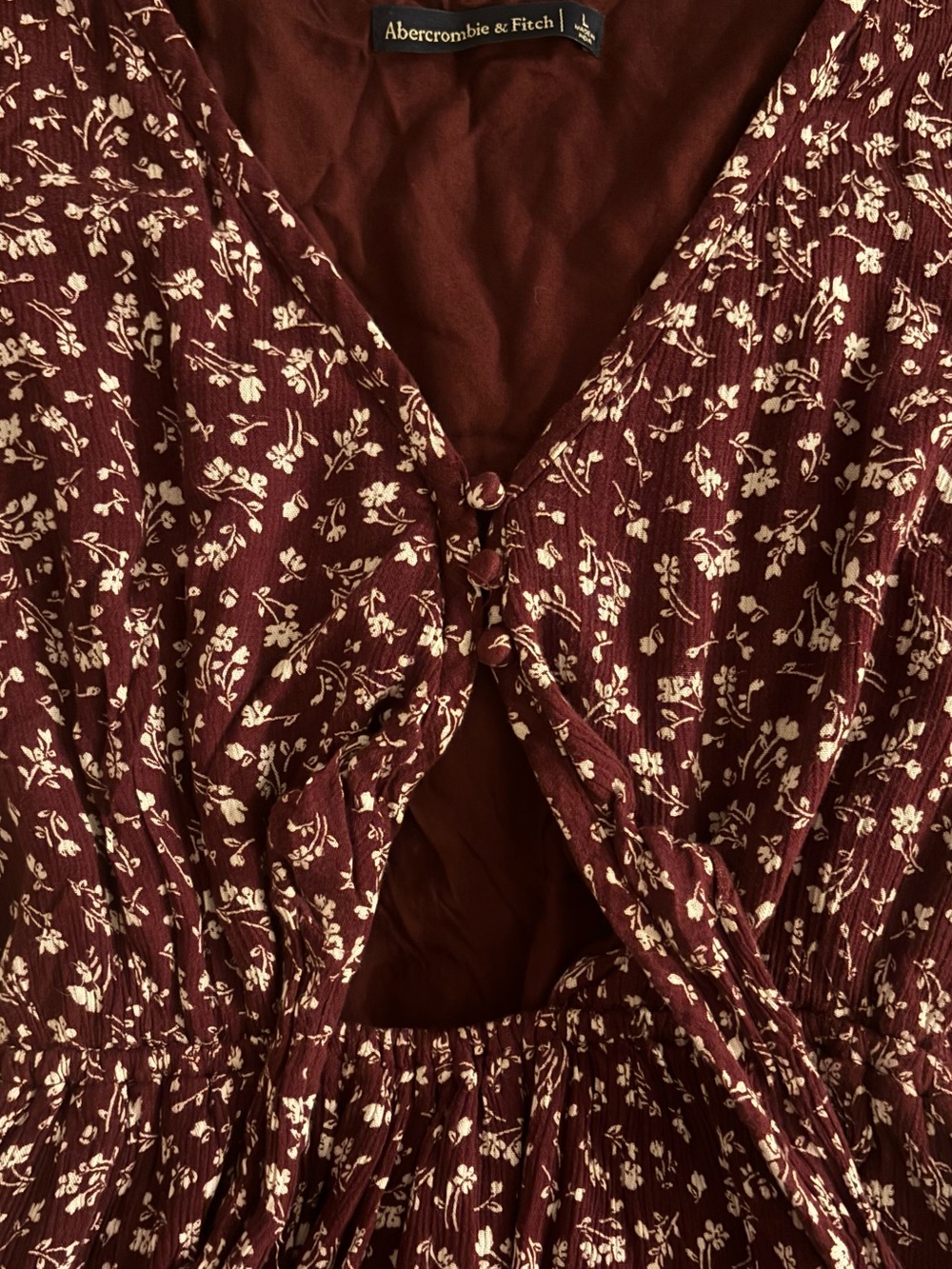 Abercrombie & Fitch Floral High Low Midi Dress L Burgundy White Tie Front Cutout - Picture 5 of 12